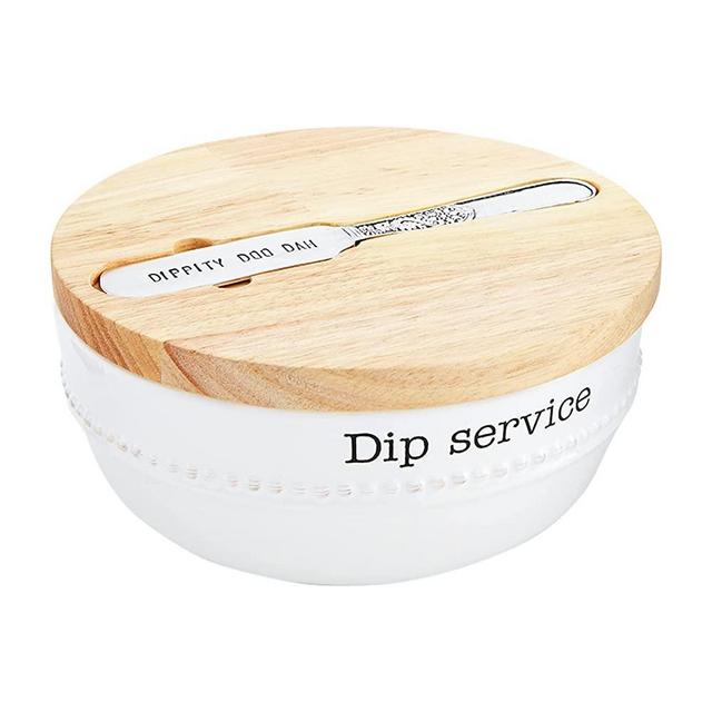 Mud Pie Circa Dip Bowl with Wood Lid Set, White, bowl 2.5" x 6" dia | spreader 5.5"