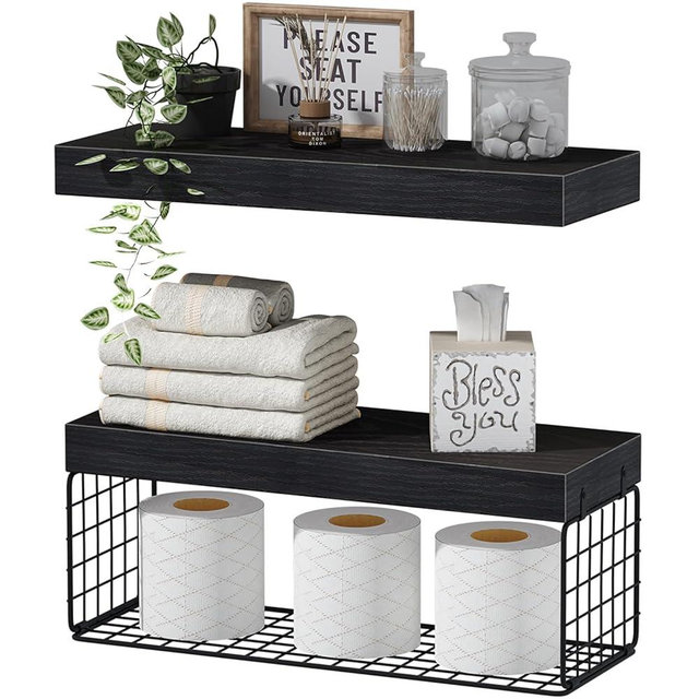 QEEIG Black Bathroom Shelves Over Toilet Wall Mounted Floating Shelves Farmhouse Shelf Toilet Paper Holder Small 16 inch Set of 2 (019-B2)