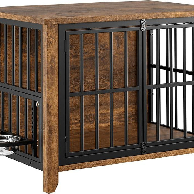 Lulive Dog Crate Furniture, Wooden Dog Kennel Indoor with Adjustable 360°& Height Dog Bowls, Double Doors Furniture Dog Crates End Table for Small/Medium 31.5" L*22.5" W*25.6" H, Brown