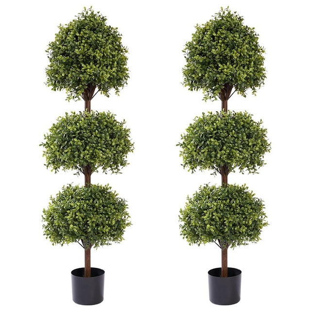 THE BLOOM TIMES 55" Tall Artificial Boxwood Triple Ball Topiary Trees, UV Resistant Large Fake Potted Plants for Outdoor Planter, Realistic Faux Bushes Shrubs for Front Porch Outside Decor Set of 2