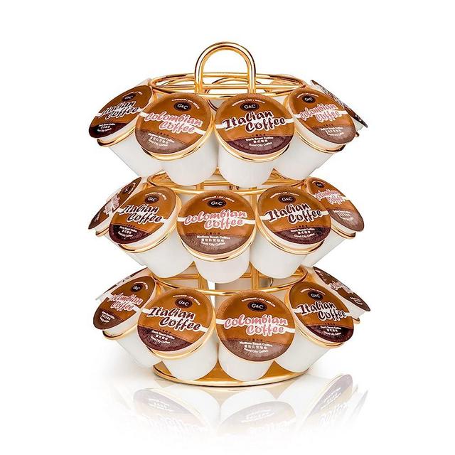 KREWEY Coffee Pod Holder, K Cup Holders，Coffee Pod Storage Compatible with K Cups (27 Pods), Spins 360-Degrees Coffee Pod Carousel Holder Organizer, Modern Gold Design (Round,Shining Gold)