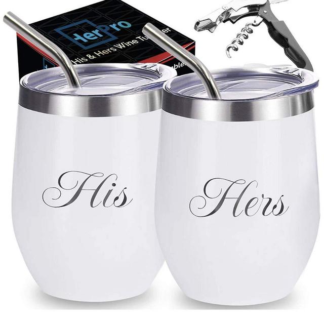 HerPro His and Hers Wine Tumbler Wedding Gifts for the Couple - Bridal Shower, Anniversary, Bachelorette - Champagne, Cocktail - Corkscrew, Double Insulated Coffee Cups and Stainless Steel Straws Set
