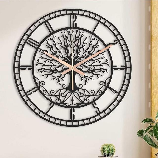 KT Tree of Life Wall Art: Large Black Oversized Living Room Silent Mid-Century Modern Metal Clock (19.6" x 50 cm)