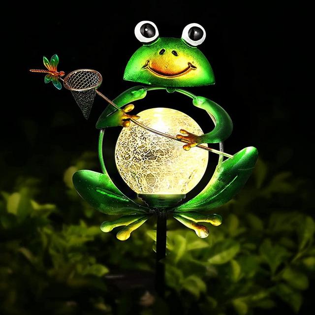 Garden Solar Lights Outdoor Decorations, Waterproof Frog Crackle Glass Globe Metal Garden Stake Lights, Solar Powered Warm White LED Light for Christmas Pathway Lawn Patio Yard Decor