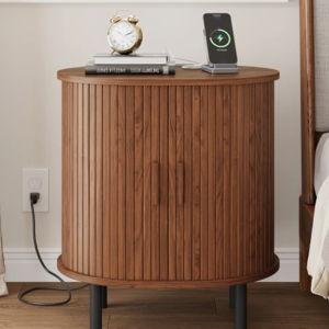 23.5"H Wooden Round End Table With Charging Station - Walnut, 1