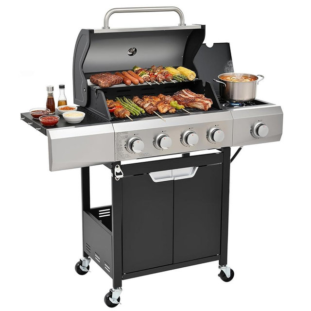 EUHOME Upgraded 51,000 BTU Stainless Steel Burner Barbecue Grill, 4 Burner BBQ Propane Gas Grill with Side Burner, 452 sq.in Cooking Area with Porcelain for Patio, Camping, Outdoor Cooking