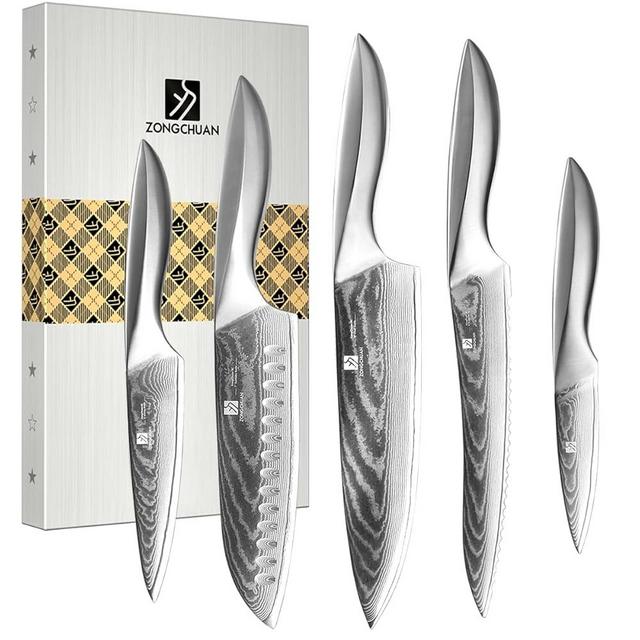 ZongChuan 5 PCS Damascus Chef Knife Set, Ultra-Smooth Cutting Experience and Professional Grade Sharp, Kitchen Knife Set,Handle Ergonomic Design,9CR18MOV High Carbon Stainless Steel,Dishwasher Safe