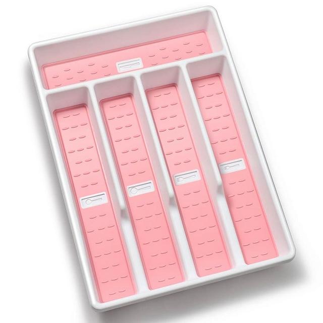 Joequality Silverware Organizer with Icons，Plastic Cutlery silverware Tray for Drawer，Utensil Flatware Tableware Organizer for Kitchen with Non-slip TPR,Fits Standard Drawer,5-Compartment,Pink