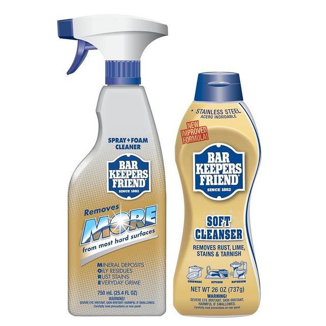 Bar Keepers Friend Soft Cleanser (26 oz) MORE Spray + Foam (25.4 oz) Multipurpose Cleaner Bundle, Stain & Rust Remover for Multi Surface Bathroom, Kitchen & Outdoor Cleaning