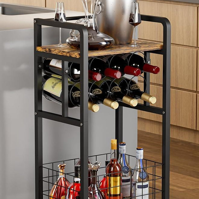 Ansionsol 3-Tier Wine Rack Freestanding Floor with Wood Top, Liquor Stand with Wine Bottle Holder, Corner Wine Bar Table for Small Space, Metal Whiskey Shlef for Kitchen, Cellar, Living Room, Black