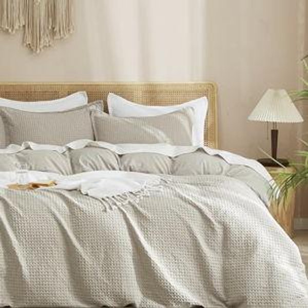 PHF Waffle Weave Duvet Cover Set Queen Size, 3 Piece Ultra Soft Breathable Durable Comforter Cover for All Season Spring, Waffle Textured Duvet Set with 2 Pillow Shams Bedding Collection,90"x90",Linen