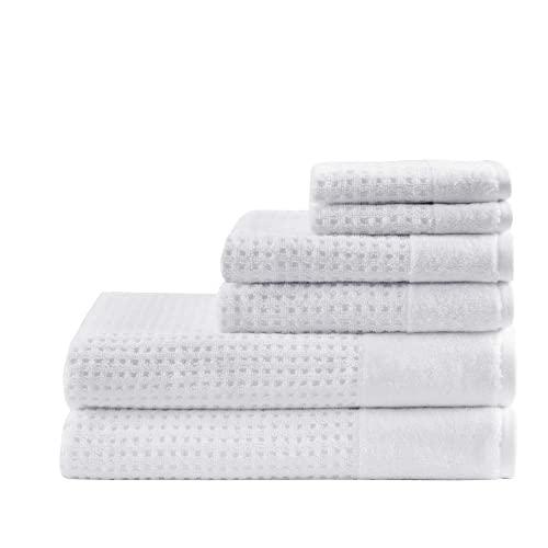 Madison Park 6 Piece 100% Cotton Set for Bathroom, 2 Bath Hand Towels, 2 Washcloths, Spa Luxurious Jacquard Waffle Comb Textured Design, 6 pcs, White