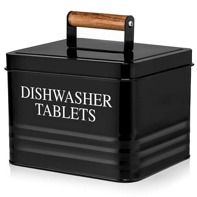Calindiana Modern Farmhouse Metal Dishwasher Pods Container Holder with Lid for Kitchen Organization and Storage, Kitchen Essentials Decor Accessories, Black