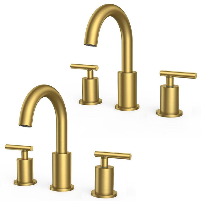 FORIOUS 2 Pack 8 Inch Widespread Brushed Gold Bathroom Faucet 3 Hole, 2 Handle Gold Sink Faucet Bathroom Vanity with 360 Degree Swivel Spout, with Pop Up Drain and cUPC Supply Line