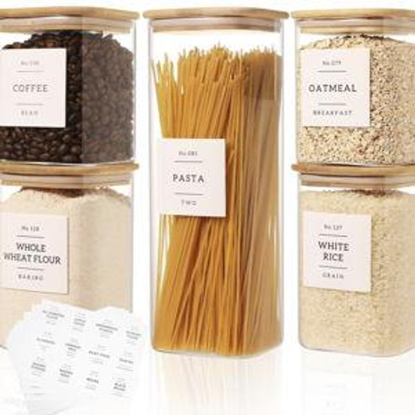 5 Pack Square Glass Pantry Storage Containers with 132 Kitchen Food Pantry Labels - Clear Glass Pantry Jars with Airtight Wood Bamboo Lids - Glass Canisters for Pasta, Cereal, Coffee, Flour, Sugar