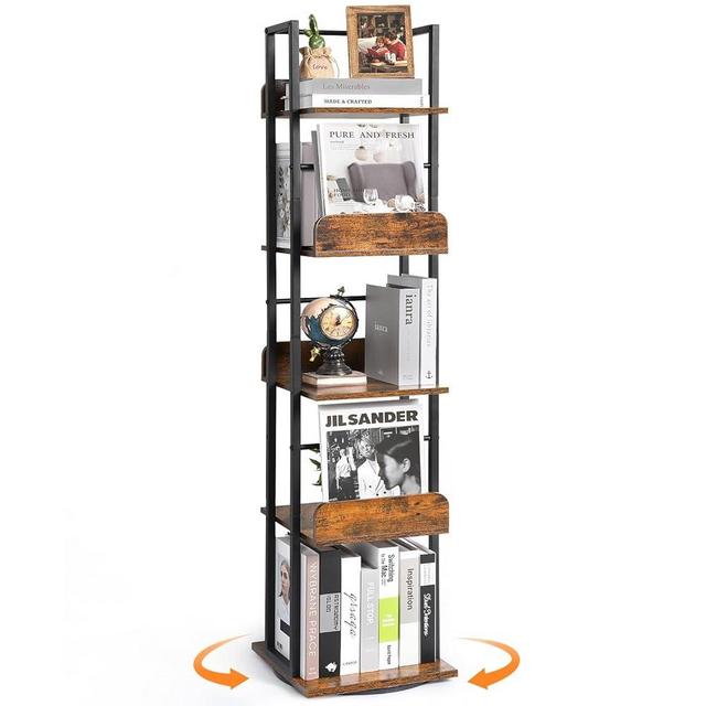 Bikoney Rotating Bookshelf, Spinning Bookshelf Tower, 5 Shelf Bookcase, 360 Display Narrow Bookshelf, Tall Industrial Book Shelf Organizer, Small Corner Book Shelves for Living Room, Black