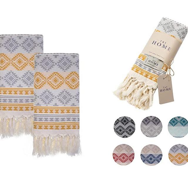 T&I Home Aztec Decorative Turkish Hand Towels for Bathroom - Set of 2 (16x40) Mustard, Soft 100% Cotton - Quick Dry, Prewashed, No Shrink - Farmhouse Boho Kitchen Towel Set, Hair, Face, Tea, Dish