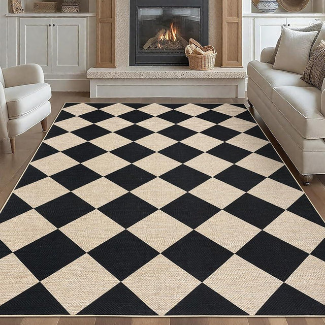 GarveeHome Checkered Easy Jute Area Rug 10x13 Machine Washable Non-Slip Stain Resistant Indoor Outdoor Rugs for Living Room, Bedroom, Kitchen, Dining, Patio Farmhouse Style Black