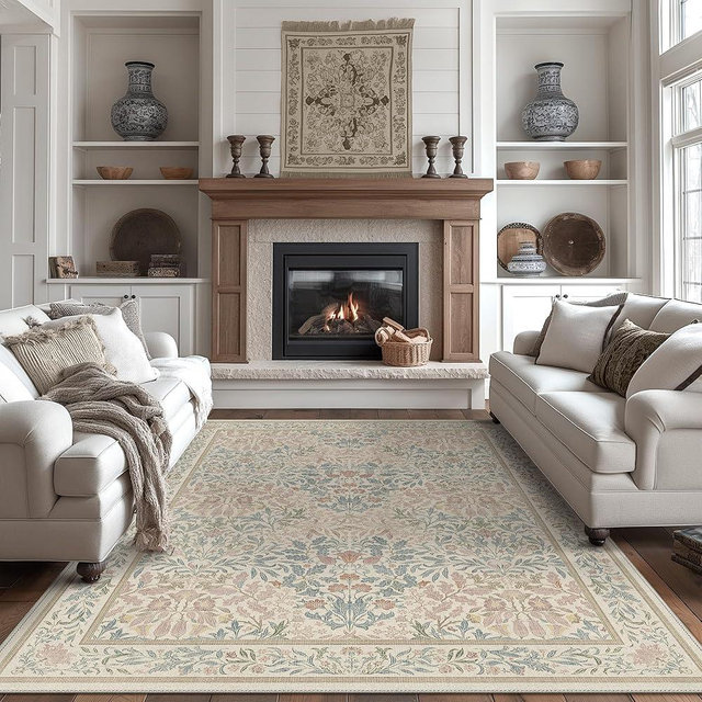 Bavni Floral Beige Pink Area Rugs 8x10, Vintage Boho Carpet Machine Washable, Non Slip Soft Low Pile Thin Rug for Bedroom, Living Room, Dining Room, Nursery