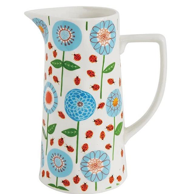 Creative Co-Op Blue & Red Floral Stoneware Pitcher