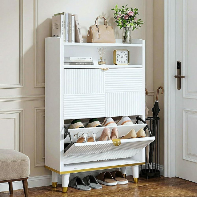 Insdiy Shoe Storage Cabinet for Entryway, Narrow Wood Shoe Cabinet with 2 Flip Drawers, Open Shelves and Fluted Panel, Freestanding Hidden Shoe Organizer for Hallway Foyer Small Apartment, White