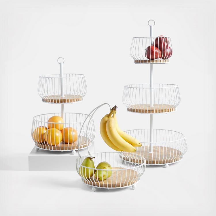 Crate and Barrel Cora Wood Fruit Basket with Removable Banana Hanger - White