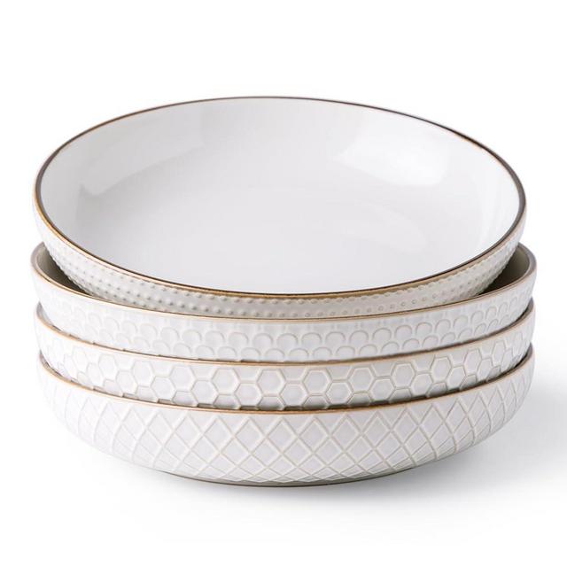 GBHOME 9.5'' Large Pasta Bowls, 42 Ounce Stoneware Salad Bowls for Kitchen, Ceramic Serving Bowls With Textured Pattern for Pasta,Fruit, Stews,Noodle, House-warming Gift,Set of 4-Off White