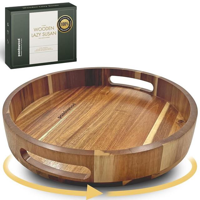 PANDAWOOD 12 Inch Lazy Susan Organizer 100% Acacia Wood - Large Lazy Susan Turntable Organizer for Cabinet, Dining Table, Bathroom, Pantry - Kitchen Cabinet Countertop Organizer - Spice Lazy Susan