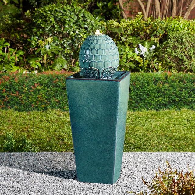 Glitzhome Ceramic Outdoor Water Fountain with LED Light Oversized Artichoke Pedestal Water Fountain with Submersible Pump Patio Fountain Waterfall for Garden Patio Deck Porch, Turquoise, 35.75" H