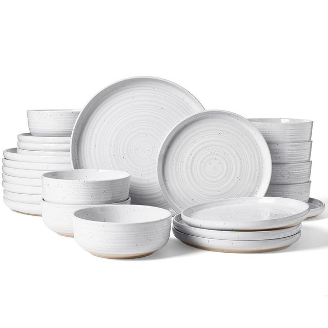Famiware Premium Stoneware Dinnerware Sets, Plate and Bowl Sets for 8, 24 Pieces Spiral Flared Dishware Set with Speckles & Reactive Glaze - Microwave and Dishwasher Safe Tableware, White