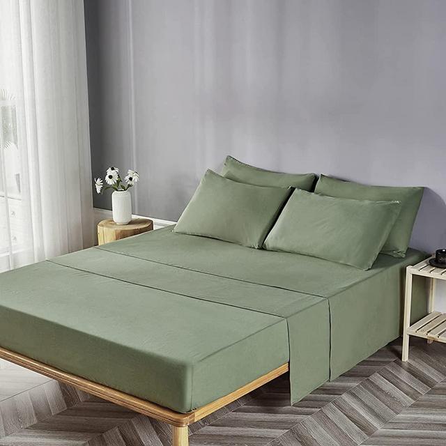 JELLYMONI Deep Pocket Sheet Set, 100% Washed Cotton Green Cal King Size Sheet Set-1 Fitted Sheet, 1 Flat Sheet, 2 Pillowcases