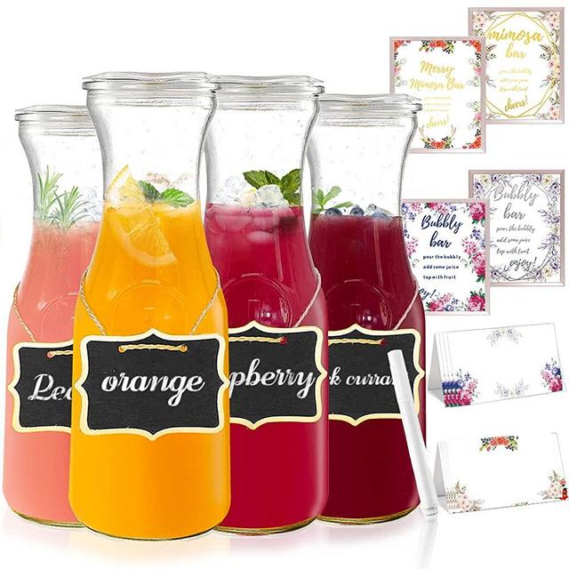 Set Of 4 Glass Carafes & Pitchers For Mimosa Bar Supplies, 1 Liter Beverage Glass Carafe With Lids For Wine,Brunch,Champagne,Lemonade,Milk,Iced Tea,Juice Pitcher & Container , Water Carafe With lid