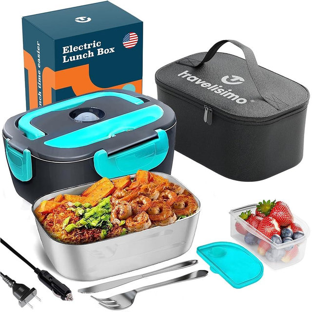TRAVELISIMO Electric Lunch Box for Adults 80W, Fast Portable Heated Lunch Box 12/24/110V 1.5L Heated Lunchbox for Adults, Leakproof, SS Container, for Car Truck Work, Loncheras para Hombres de Trabajo
