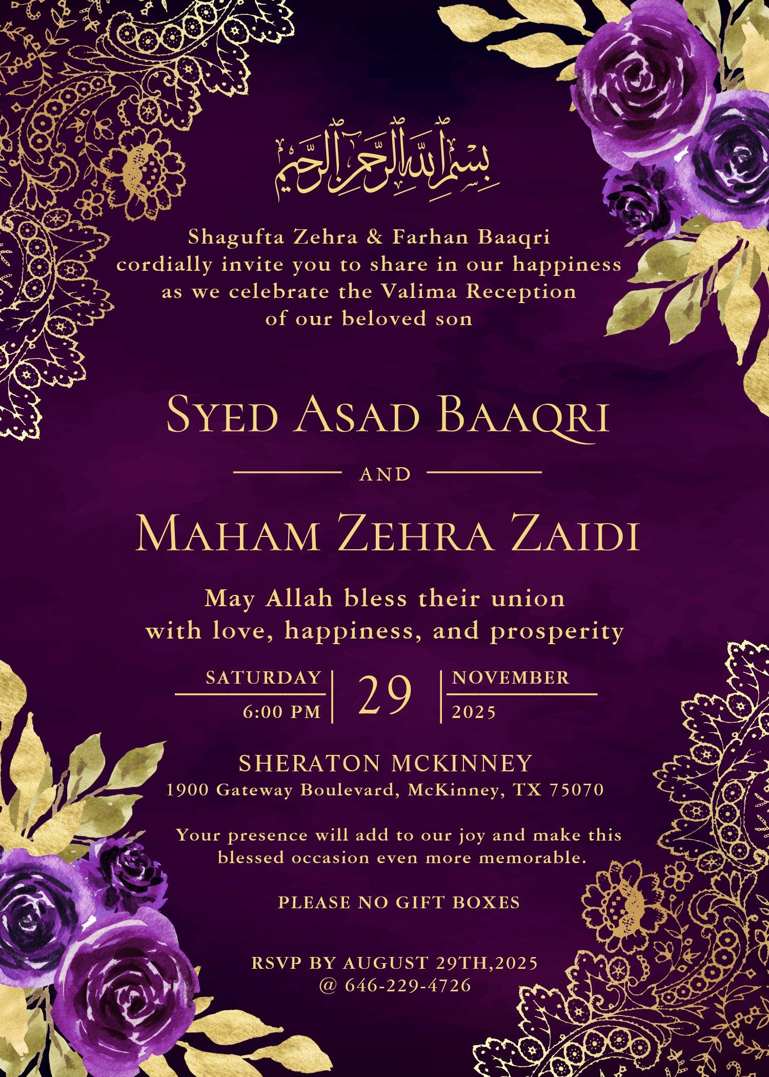 The Wedding Website of SYED ASAD BAAQRI and MAHAM ZEHRA ZAIDI