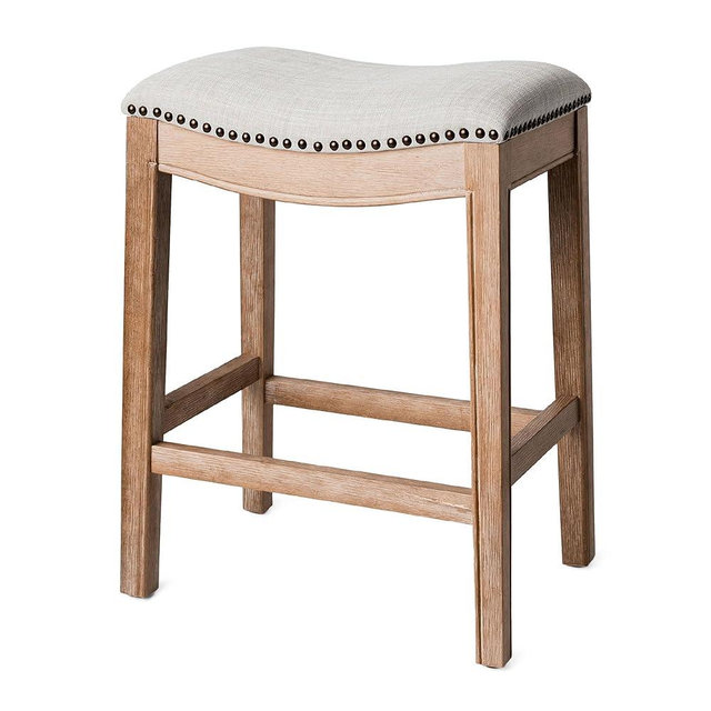 Maven Lane Adrien 26 Inch Counter Height Upholstered Backless Saddle Barstool in Weathered Oak Finish with Sand Color Fabric Cushion Seat