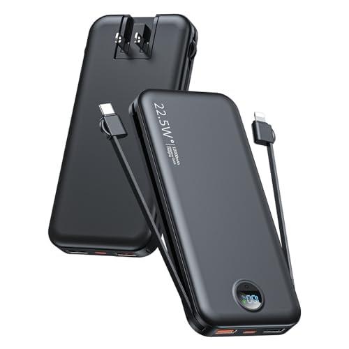 Portable Charger, 12000mAh 22.5W Type C Fast Charging Power Bank with Built-in Cables & Wall Plug, External Battery Bank with LED Display, Travel Essential Battery Pack for iPhone, iPad, Samsung Black