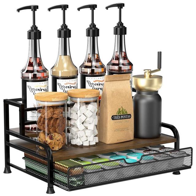 PONEYA Coffee Syrup Rack Organizer, 3-Tier 8 Bottles Coffee Syrup Rack with 35 K Cup Storage Basket for Coffee Bar, Syrup Bottle Holder Stand for Syrup, Wine, Dressing for Kitchen Coffee Station