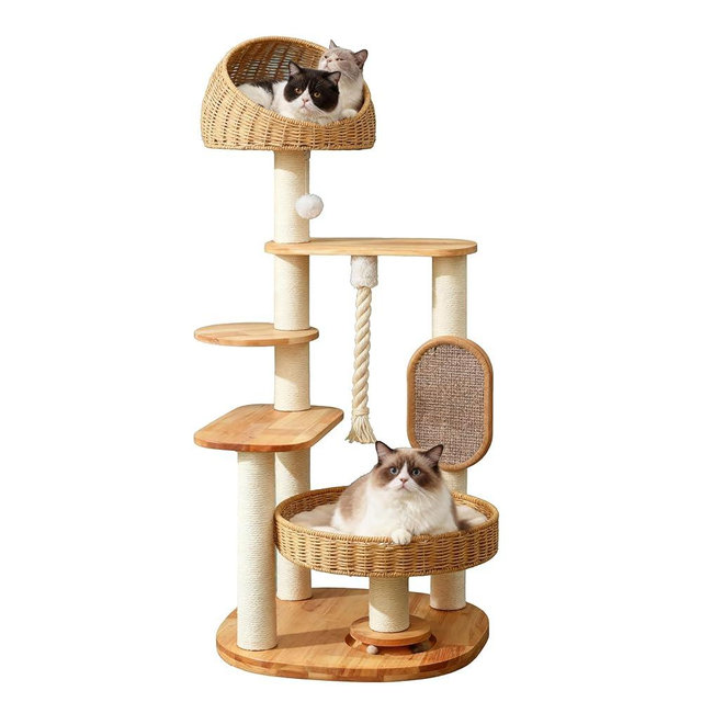 JLDUQKUM Solid Wood Cat Tree for Large Cat, 50-Inch Tall Cat Tower for Indoor Cats with Scratching Post, Multi-Level Cat Condo with Handwoven Basket, Sturdy Cat Houses Easy to Clean