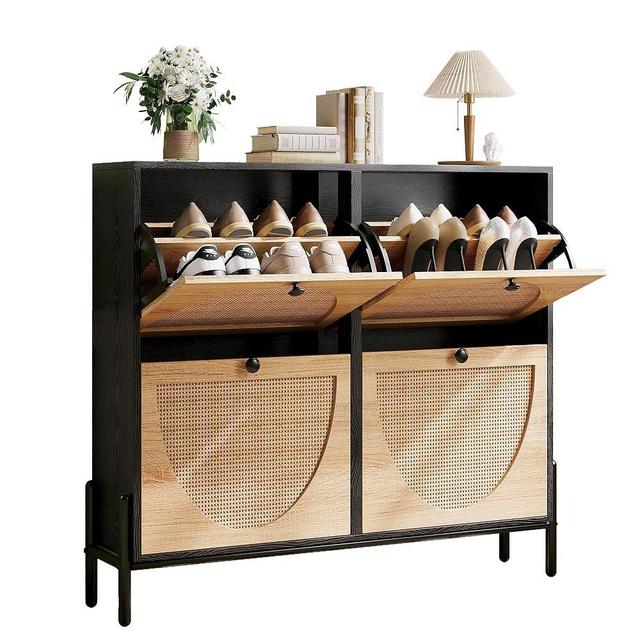 IRONCK Rattan Shoe Cabinet Storage with 4 Flip Drawers, Freestanding Shoe Storage Organizer Cabinet for Entryway, Narrow Shoe Rack Cabinet, Black