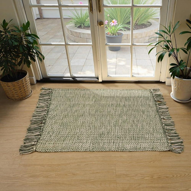 Collive 2' x 3' Small Entryway Rug, Washable Hand-Woven Kitchen Rug with Tassels, Natural/Green Farmhouse Low Profile Throw Rug Reversible Front Door Rug for Bedroom Bathroom Home Décor