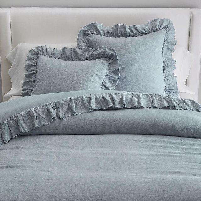 Belgian Flax Linen Fringe Ruffle Duvet, Chambray, King/Cal. King