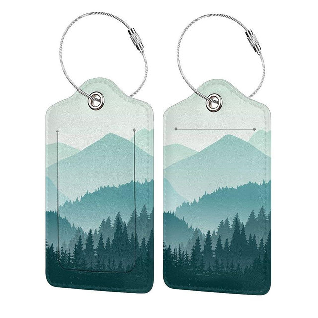 BLOCIT Luggage Tags - 2-Pack PU Leather with Privacy Cover & Stainless Steel Loop - ID Labels for Suitcases & Travel Bags - Green Mountain