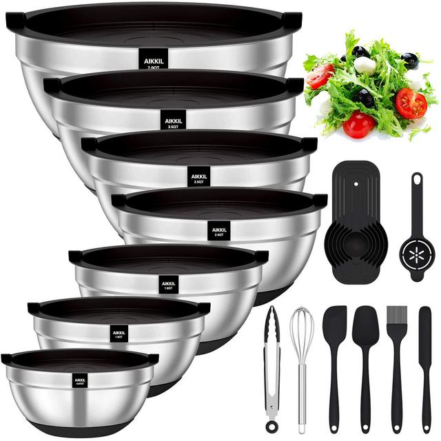 Mixing Bowls with Airtight Lids, 20 piece Stainless Steel Metal Nesting Bowls, AIKKIL Non-Slip Silicone Bottom, Size 7, 3.5, 2.5, 2.0,1.5, 1,0.67QT Great for Mixing, Baking, Serving (Black)