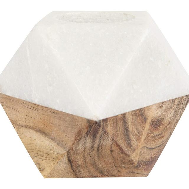 Creative Co-Op White Marble Brown Wood Tealight Candle Pillar Holder, Brown