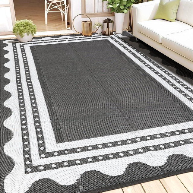 Garvee Waterproof Outdoor Rug 8x10 for Patio, Reversible Modern Area Rug, Large Plastic Straw Mat for Camping, RV, Porch, Backyard, Deck, Picnic, Beach, Grey & White
