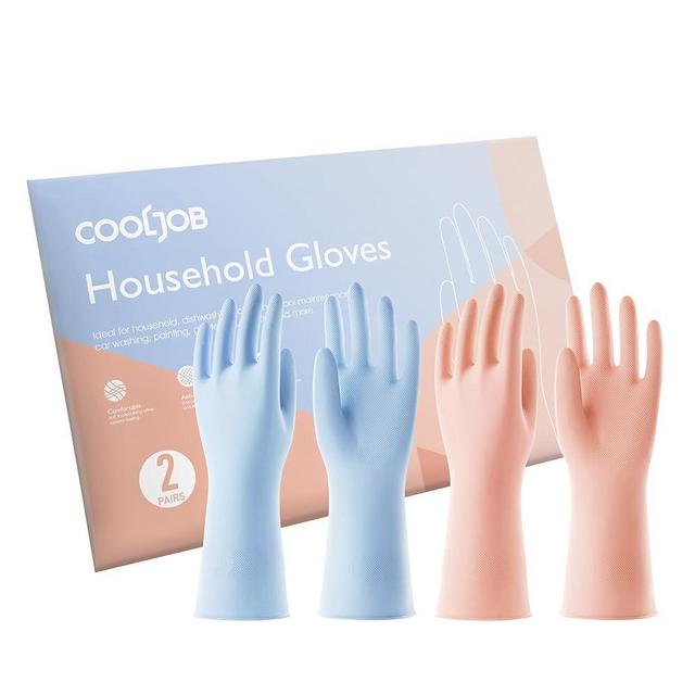COOLJOB 2 Pairs Thickened Rubber Gloves with Cotton Lining & Non-slip Grip, Colorful Household Long Lasting Dishwashing Gloves for Kitchen & Bathroom Cleaning, Orange & Blue, Medium