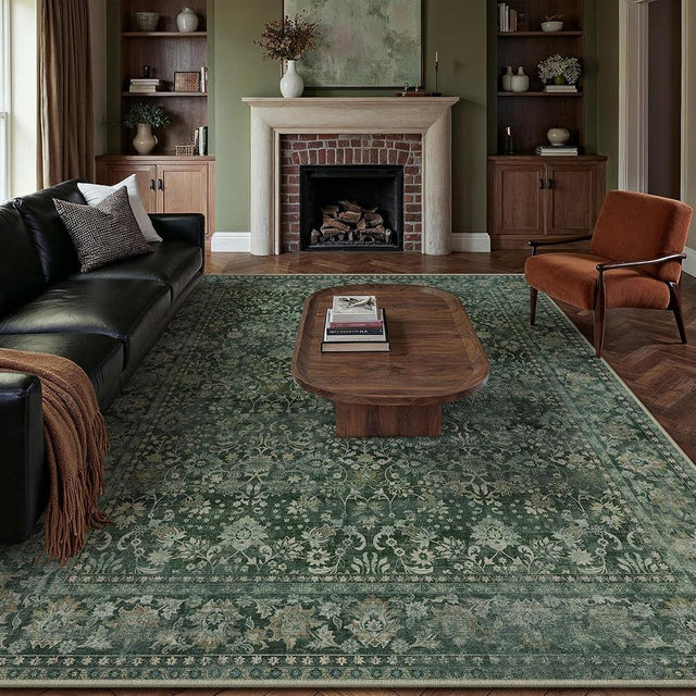 HUGEAR 8x10 Machine Washable Rugs Dark Green Hallway Large Area Rug Indoor Accent Rug Floral Low Pile Carpet Soft Throw Aesthetic Rug Bedroom Living Room Office Dining Room Kitchen Laundry Room
