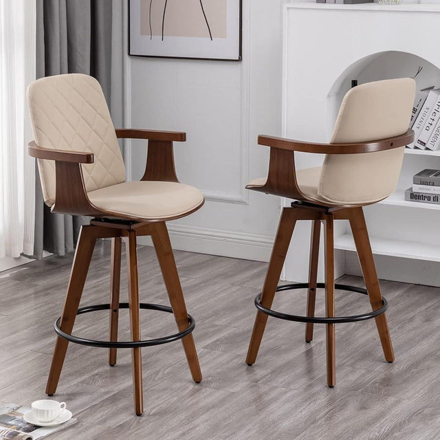 Bar Stools Set of 2, Upholstered Faux Leather Counter Height Bar Stools, Swivel Bar stools with Wooden Arms and Legs(Beige, 26" Seat Height)