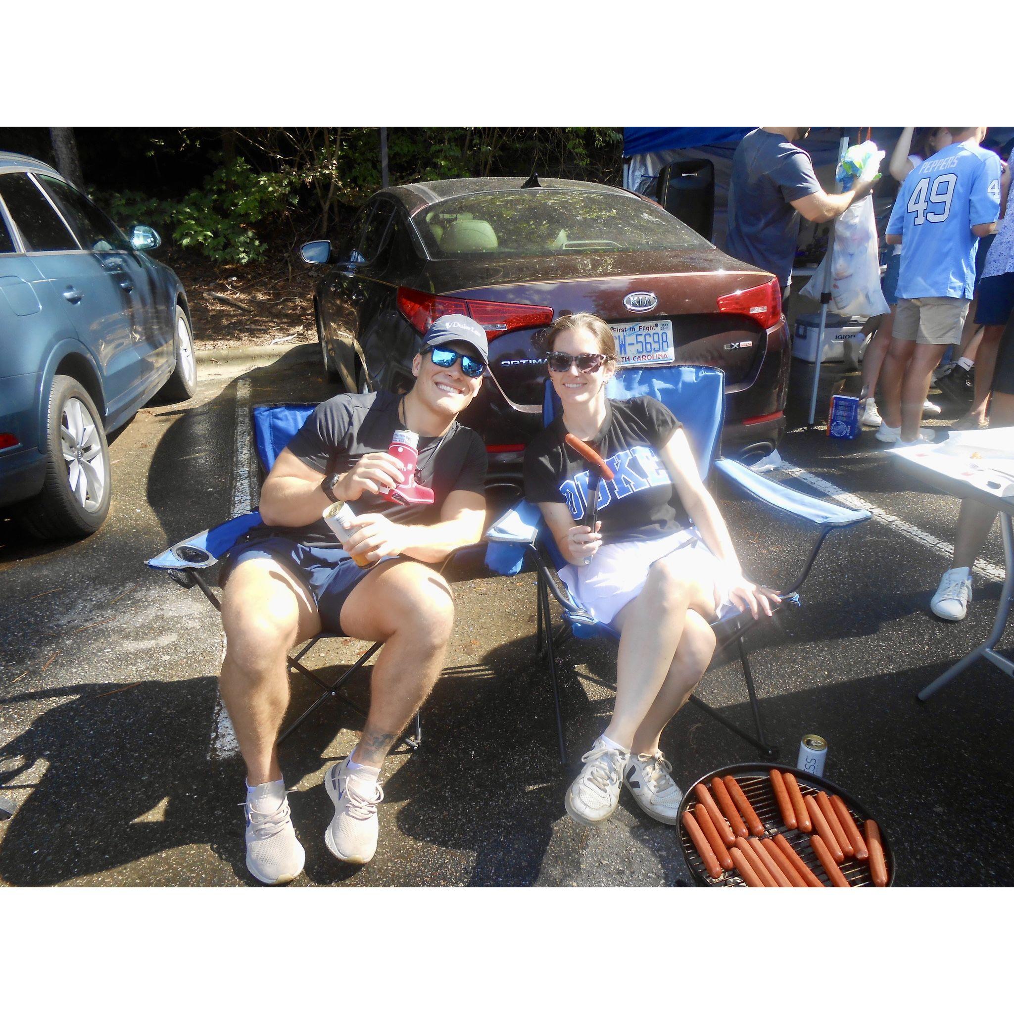 Grilling hotdogs before a Duke UNC football game. Go Duke!