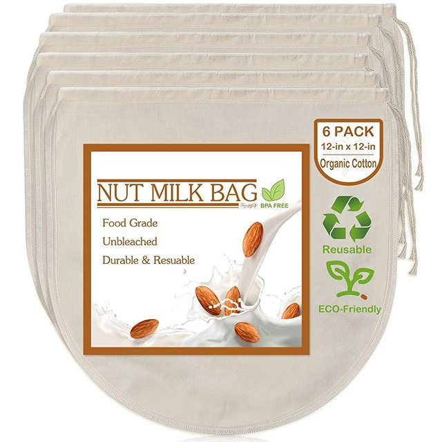6 Pack 12"x12" Nut Milk Bags - 100% Unbleached Cotton Cheesecloth, Reusable Food Strainer Colander For Straining Almond/Oat Milk, Celery Juice, Cold Brew Coffee, Yogurt and Cheese Making